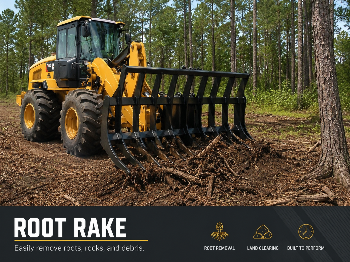 Root rake removing brush and tree roots for land clearing services.